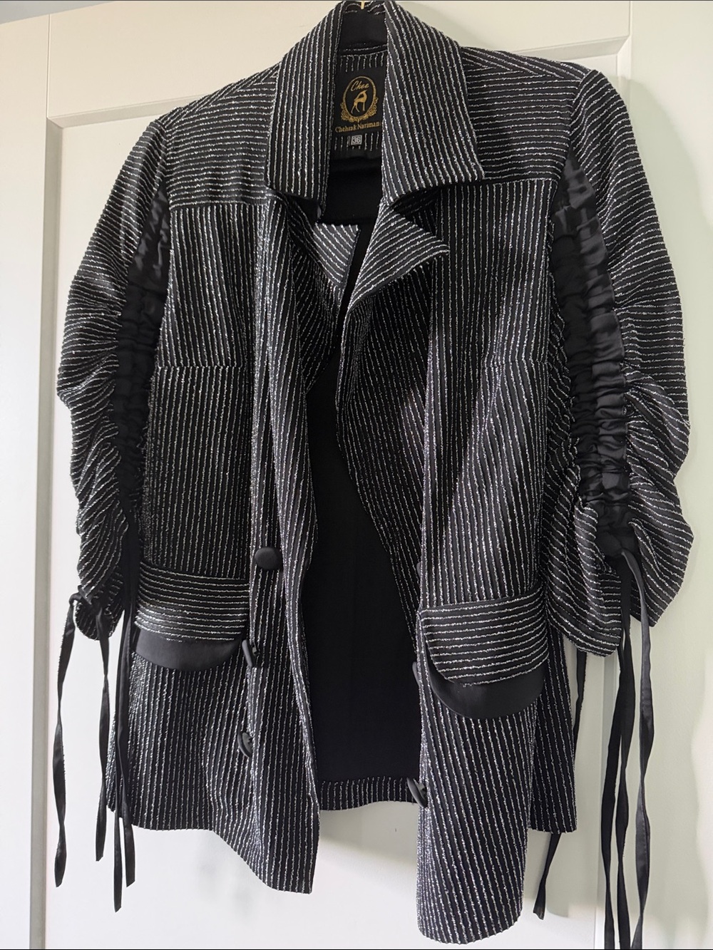 Chee Black & Silver Metallic Fabric Striped Blazer New Size 36